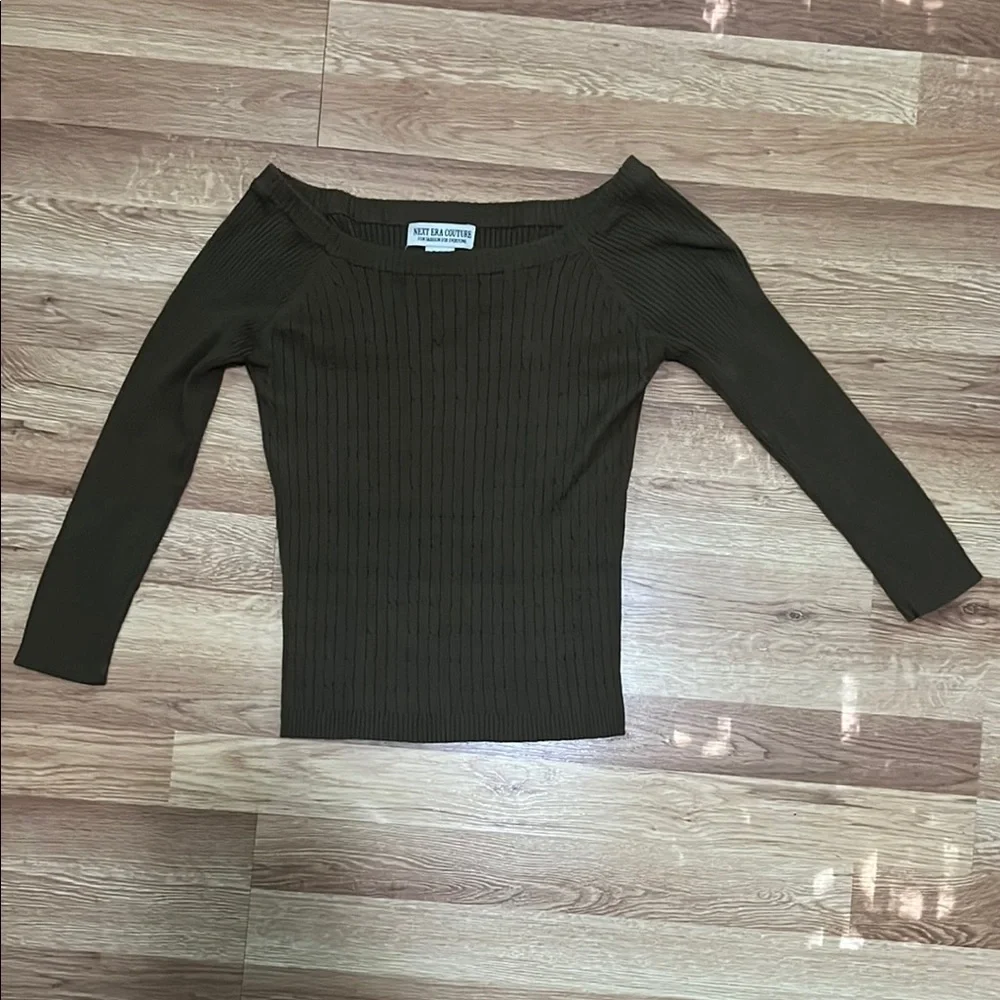Brown Ribbed Off-Shoulder Top - Picture 1 of 6